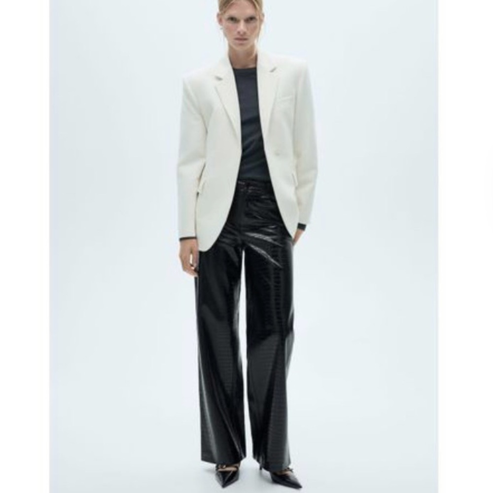Mango Black Croc-Embossed Straight Leg Pants